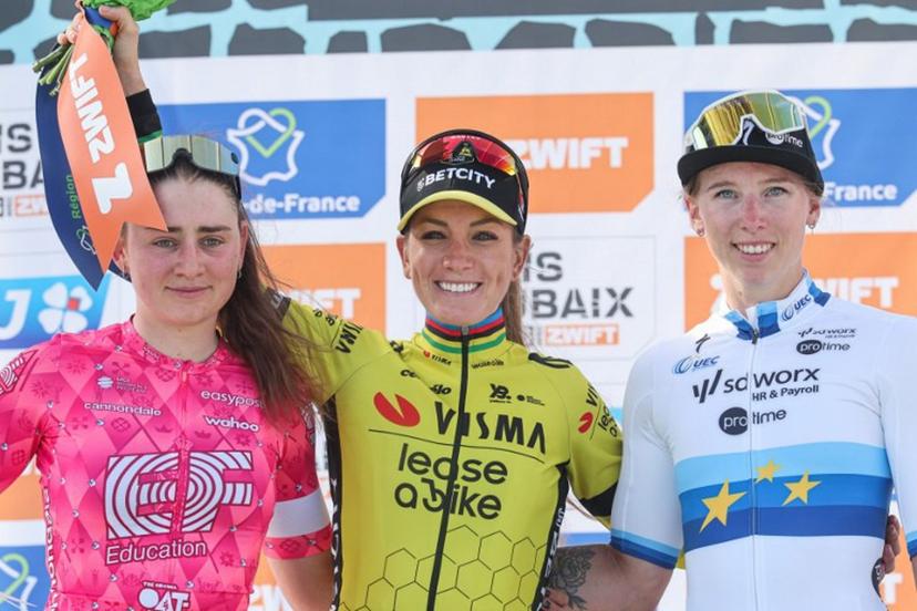 Second placed EF Education-Oatly's Italian rider Letizia Borghesi (L), First placed Team Visma-Lease a Bike's French rider Pauline Ferrand Prevot and SD Worx-Protime's Dutch rider Lorena Wiebes celebrate on the podium of the fifth edition of the Paris-Roubaix women's race, 148,5 km between Denain and Roubaix, northern France on April 12, 2025.  Francois LO PRESTI / AFP