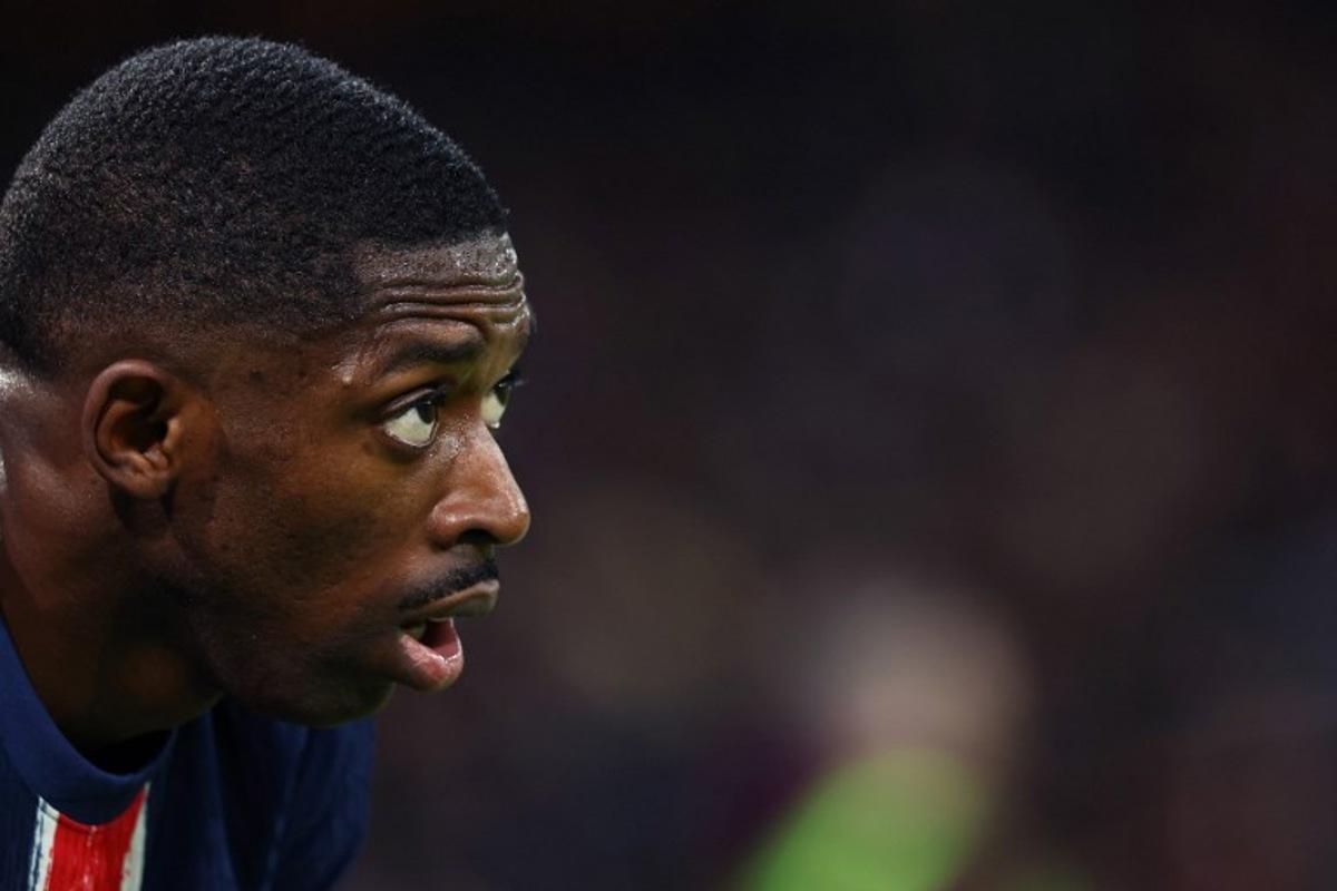 Paris Saint-Germain's French forward #10 Ousmane Dembele reacts  during the French L1 football match between Paris Saint-Germain (PSG) and OGC Nice at the Parc des Princes stadium in Paris, on April 25, 2025.  FRANCK FIFE / AFP