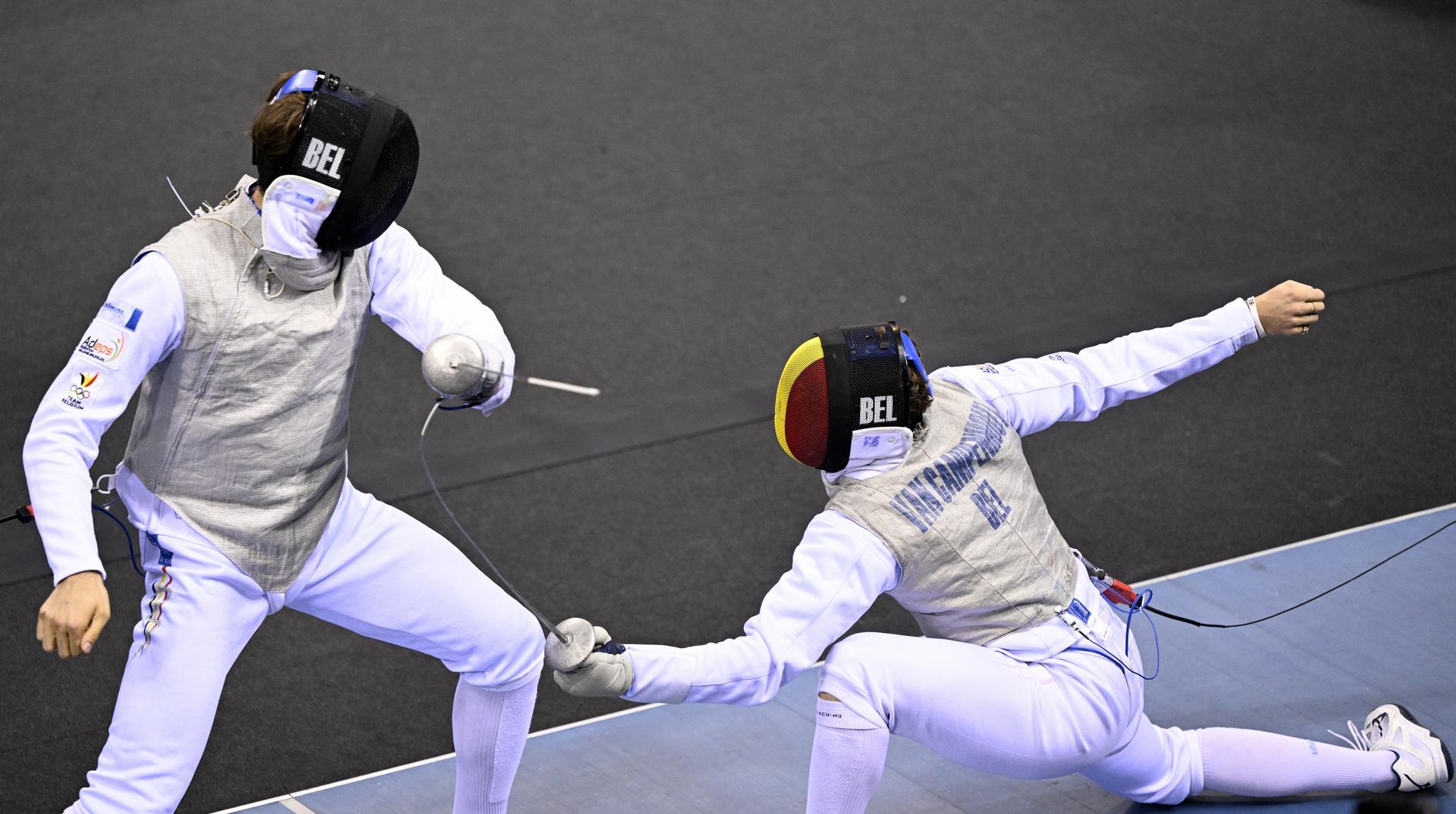 Fencing Athlete Mathieu Nijs and Fencing Athlete Stef Van Campenhout pictured in action during the 1/16 final in the men's foil competition, at the European Games in Krakow, Poland on Monday 26 June 2023. The 3rd European Games, informally known as Krakow-Malopolska 2023, is a scheduled international sporting event that will be held from 21 June to 02 July 2023 in Krakow and Malopolska, Poland. BELGA PHOTO LAURIE DIEFFEMBACQ