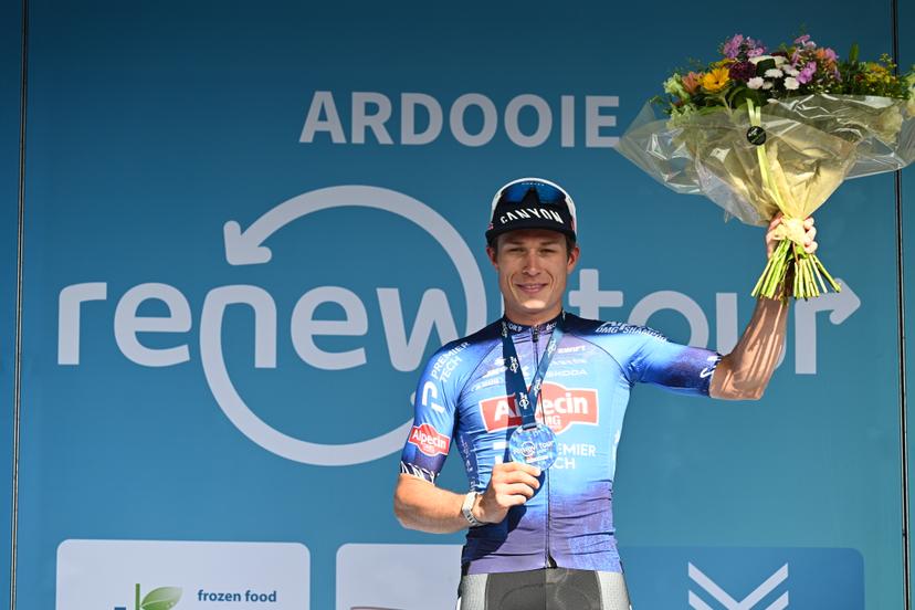 Belgian Jasper Philipsen of Alpecin-Premier Tech celebrates on the podium after winning stage two of the 'Renewi Tour' multi-stage cycling race, from Blankenberge to Ardooie (191,3 km) on Thursday 20 August 2026. The five-day race takes place from 19 to 23/08. BELGA PHOTO DAVID PINTENS