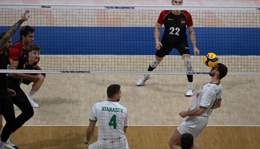 Lliya Petkov (R) of Bulgaria controls the ball against Germany during their match at the Volleyball Men's World championship in Manila on September 13, 2025.   Ted ALJIBE / AFP