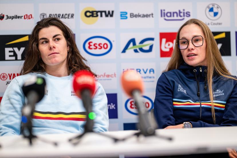 Belgian Marion Norbert Riberolle and Belgian Julie Brouwers pictured during a press conference of the Belgian team ahead of the UCI Cyclocross World Championships in Hulst, The Netherlands, on Friday 30 January 2026, in Sint-Niklaas. BELGA PHOTO DAVID PINTENS