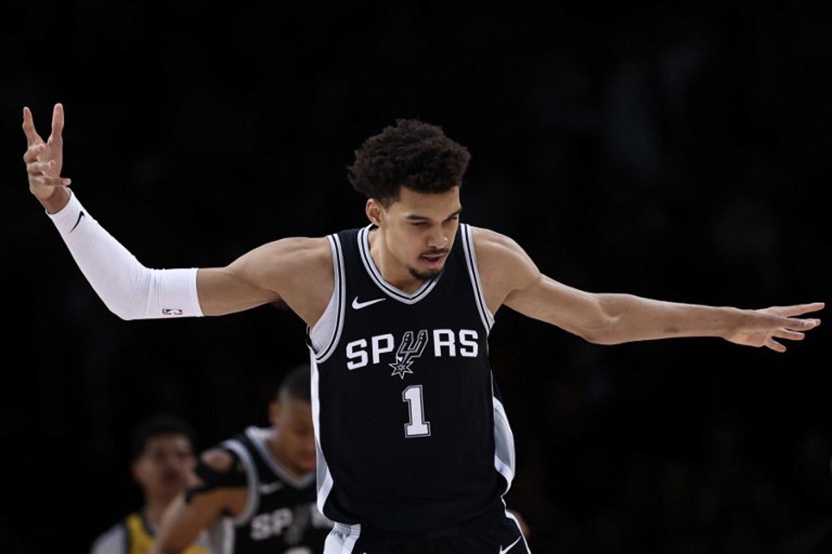 San Antonio Spurs' French forward-center #01 Victor Wembanyama reacts during the NBA basketball game between the Indiana Pacers and the San Antonio Spurs at the Accor Arena - Palais Omnisports de Paris-Bercy - in Paris on January 23, 2025.  FRANCK FIFE / AFP