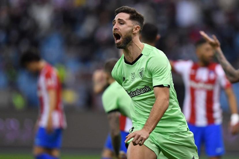 Athletic Bilbao's Spanish defender Yeray Alvarez celebrates with teammates after scoring during the Spanish Super Cup semi-final football match between Athletic Bilbao and Atletico Madrid on January 13, 2022, at the King Fahd International stadium in the Saudi capital of Riyadh.  AFP