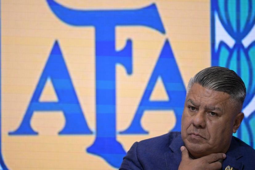 The president of the Argentine Football Association (AFA), Claudio Tapia, looks on during a press conference in Ezeiza, Buenos Aires province, on March 18, 2025, announcing a training session open to the public between the national football team and the U20 team to be held on March 22 at the Tomas Adolfo Duco Stadium in Buenos Aires in support of the city of Bahia Blanca, hit by a storm that left 16 people dead.  JUAN MABROMATA / AFP