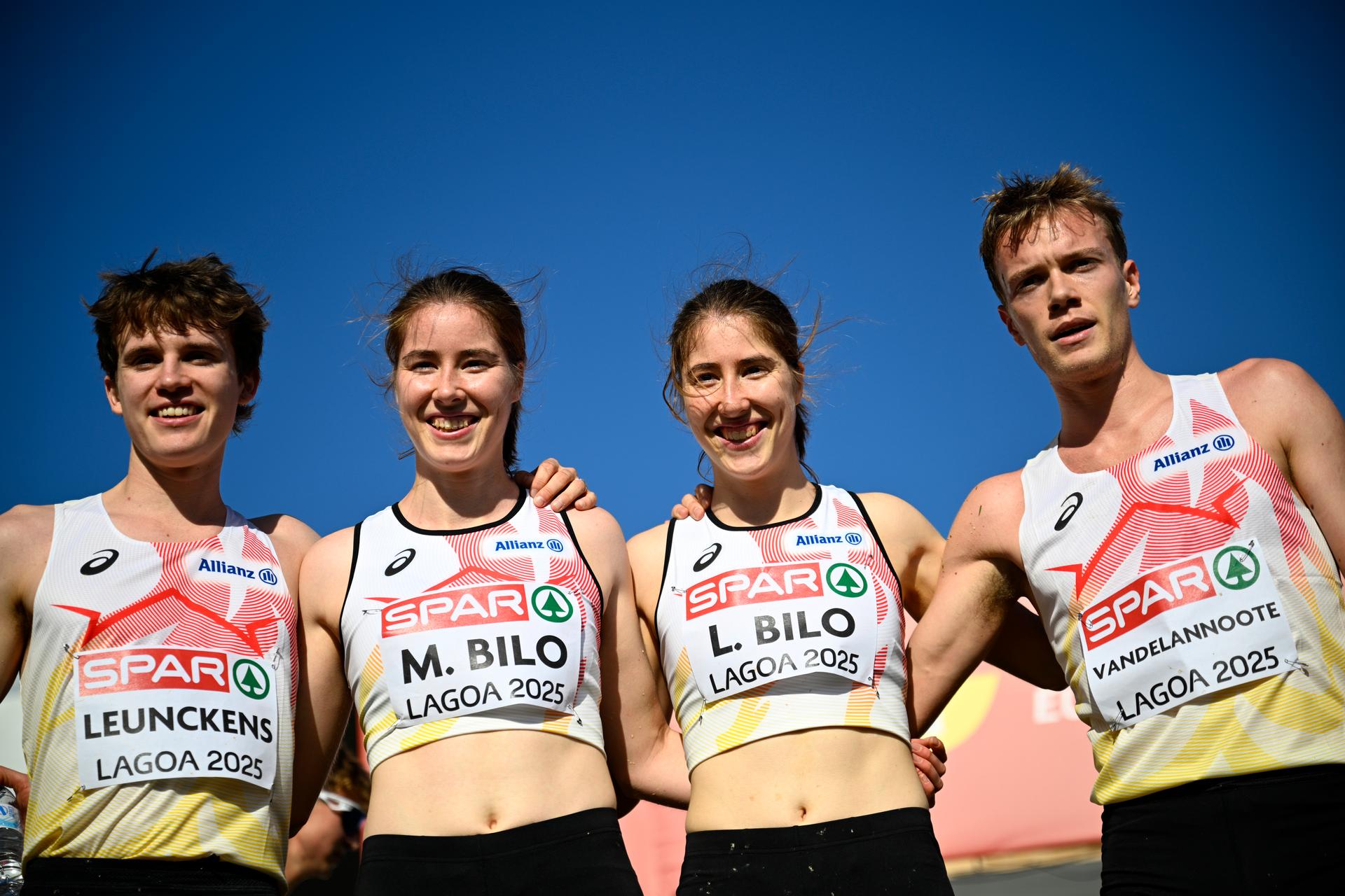 Belgian Ward Leunckens, Belgian Marie Bilo, Belgian Laure Bilo and Belgian Tibaut Vandelannoote celebrate their fifth place in the Mixed Relay 4x1500m race at the 2025 SPAR European Cross Country Championships, in Lagoa, Portugal, Sunday 14 December 2025. BELGA PHOTO JASPER JACOBS