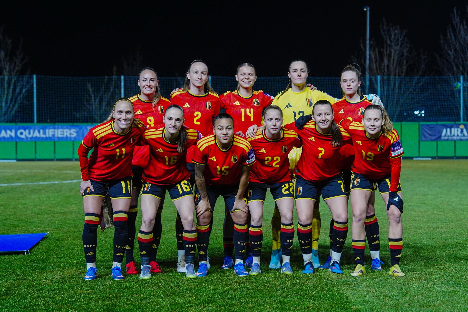 Janice Cayman, Tessa Wullaert, Zenia Mertens, Sari Kees, Mariam Toloba, Lore Jacobs, Saar Janssen, Diede Lemey, Hannah Eurlings and Valesca Ampoorter of Belgium line up during the national anthem prior to a game between Belgium's national women's soccer team the Red Flames and Israel, qualifying game 1/6 for the 2027 FIFA Women's World Cup, on Tuesday 03 March 2026, in Budaors, Hungary. BELGA PHOTO ISTVAN DERENCSENYI