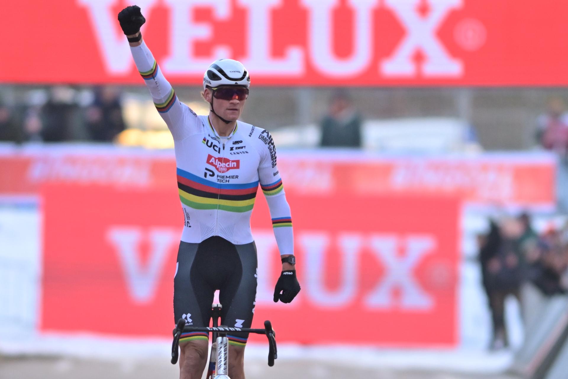 Dutch Mathieu Van Der Poel celebrates on the finish line as he wins the men's elite race at the World Cup cyclocross cycling event in Zonhoven on Sunday 04 January 2026, stage 9 (out of 12) of the UCI World Cup competition. BELGA PHOTO DAVID PINTENS