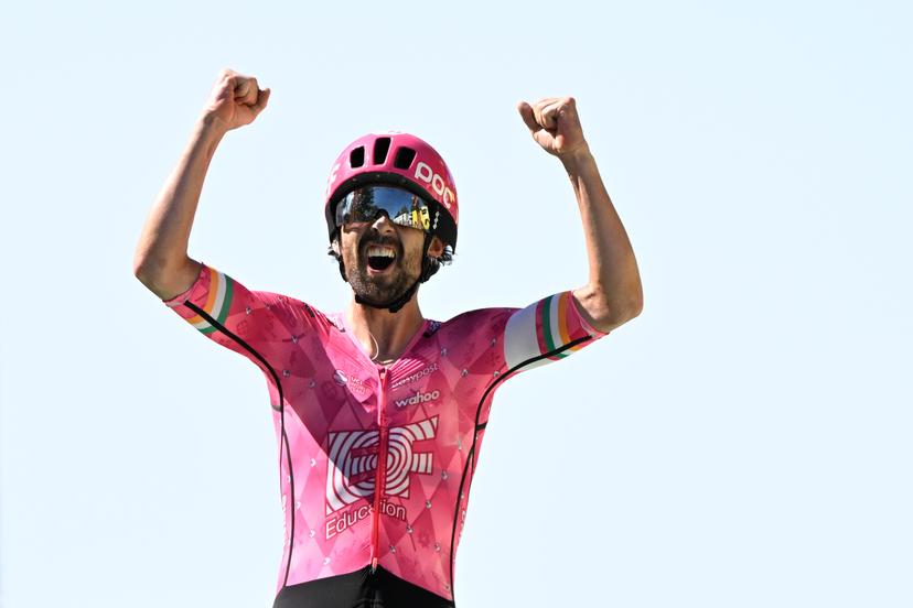 Irish Ben Healy of EF Education-EasyPost celebrates after winning stage six of the 2025 Tour de France cycling, from Bayeux to Vire Normandie (201 km), on Thursday 10 July 2025 in France. The 112th edition of the Tour de France starts on Saturday 5 July in Lille, France, and will finish in Paris, France on the 27th of July. BELGA PHOTO JASPER JACOBS