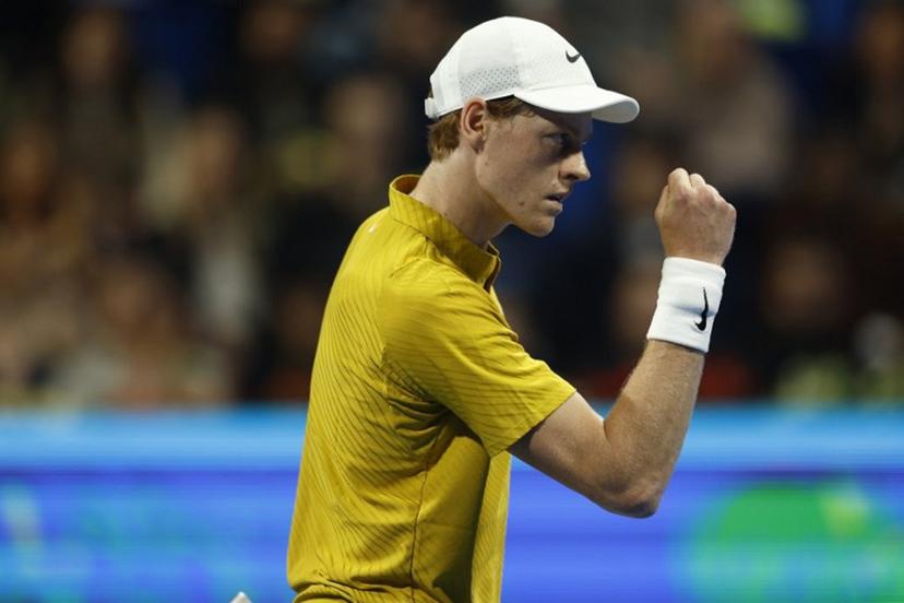 Italy's Jannik Sinner reacts during their men's singles quarterfinal match against Czech Republic's Jakub Mensik at the Qatar Open tennis tournament in Doha on February 19, 2026.  Karim JAAFAR / AFP