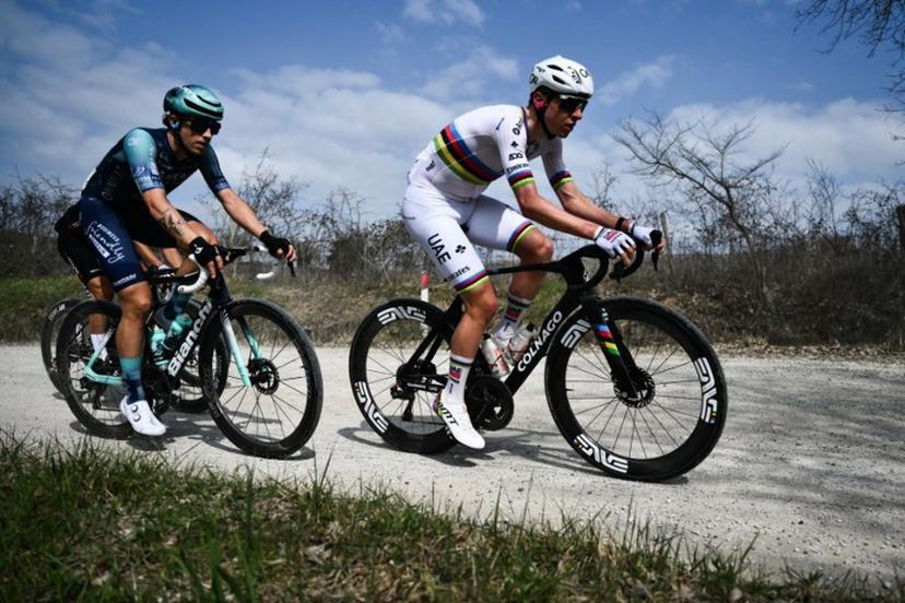 UAE Team Emirates's Slovenian Tadej Pogacar rides during the 20th one-day classic 'Strade Bianche' (White Roads) men's cycling race between Siena and Siena in Tuscany on March 7, 2026.  Marco BERTORELLO / AFP