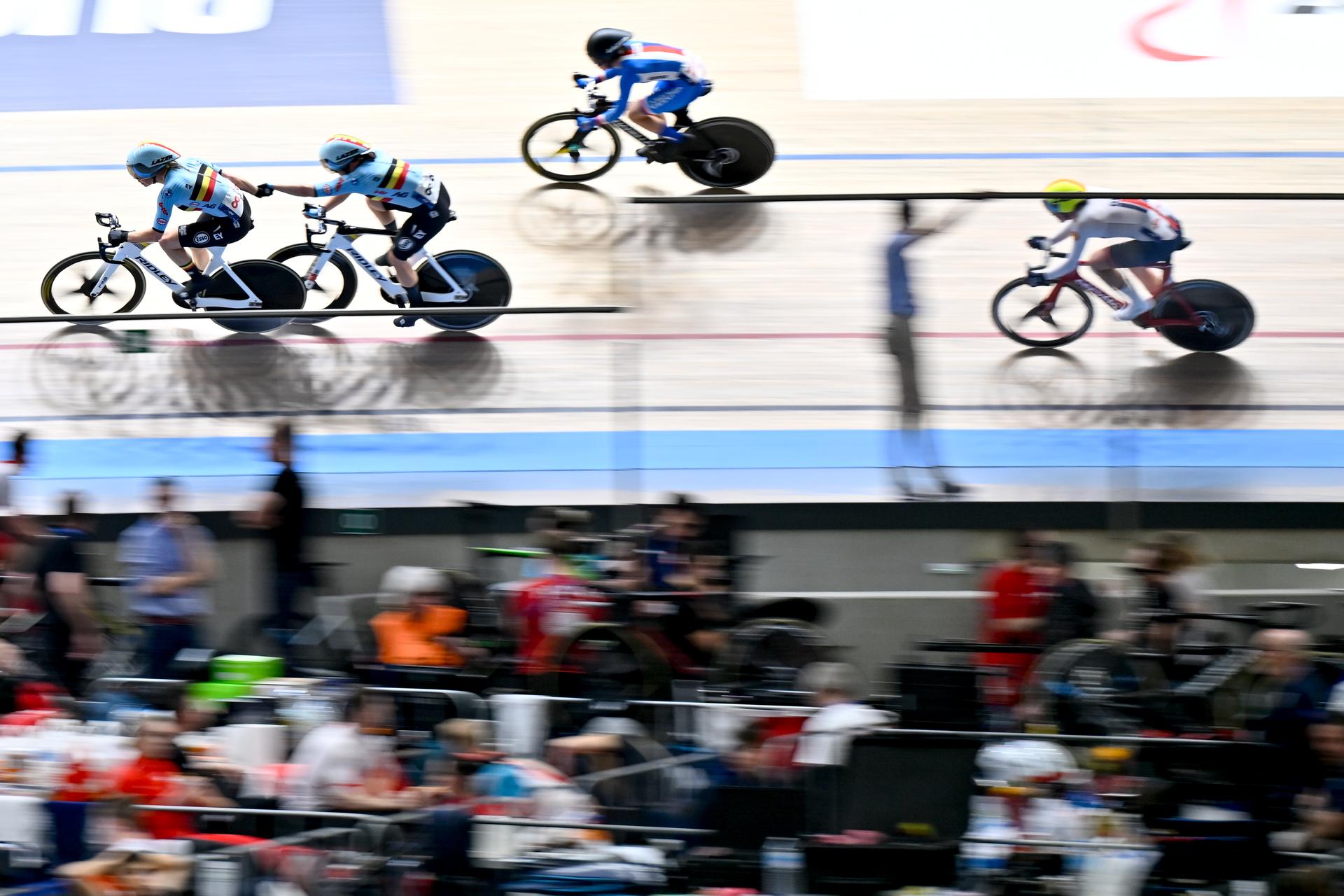 Belgian Katrijn De Clercq and Belgian Helene Hesters pictured in action during the women's Madison final at the 2025 UEC Track Elite European Championships, in Heusden-Zolder, Belgium, Sunday 16 February 2025. The European Championships take place from 12 to 16 February. BELGA PHOTO DIRK WAEM