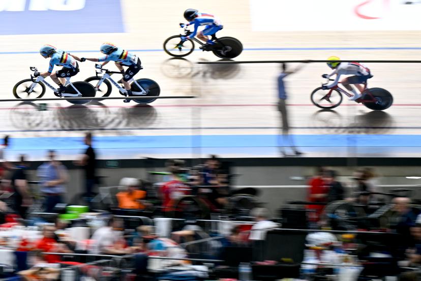 Belgian Katrijn De Clercq and Belgian Helene Hesters pictured in action during the women's Madison final at the 2025 UEC Track Elite European Championships, in Heusden-Zolder, Belgium, Sunday 16 February 2025. The European Championships take place from 12 to 16 February. BELGA PHOTO DIRK WAEM
