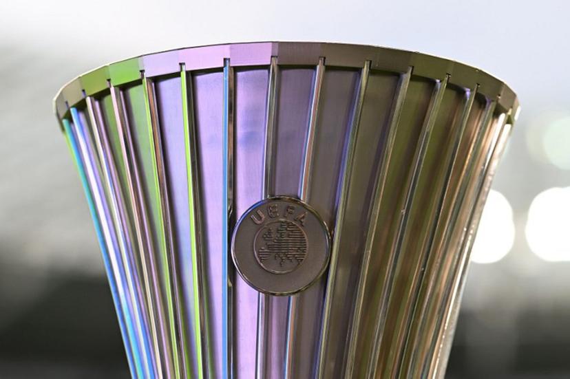 The UEFA Conference League trophy with UEFA logo is displayed at the stadium in Wroclaw, Poland on May 28, 2025, ahead of the UEFA Conference League final football match between Real Betis and Chelsea FC.   Sergei GAPON / AFP