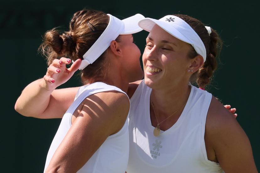 Russian Veronika Kudermetov and Belgian Elise Mertens react after a doubles tennis match between Russian-Belgian pair Kudermetova-Mertens and British pair Klugman-Stojsavljevic, in the first round of the women's doubles at the 2025 Wimbledon grand slam tournament, Thursday 03 July 2025 at the All England Tennis Club, in South-West London, Britain. BELGA PHOTO BENOIT DOPPAGNE