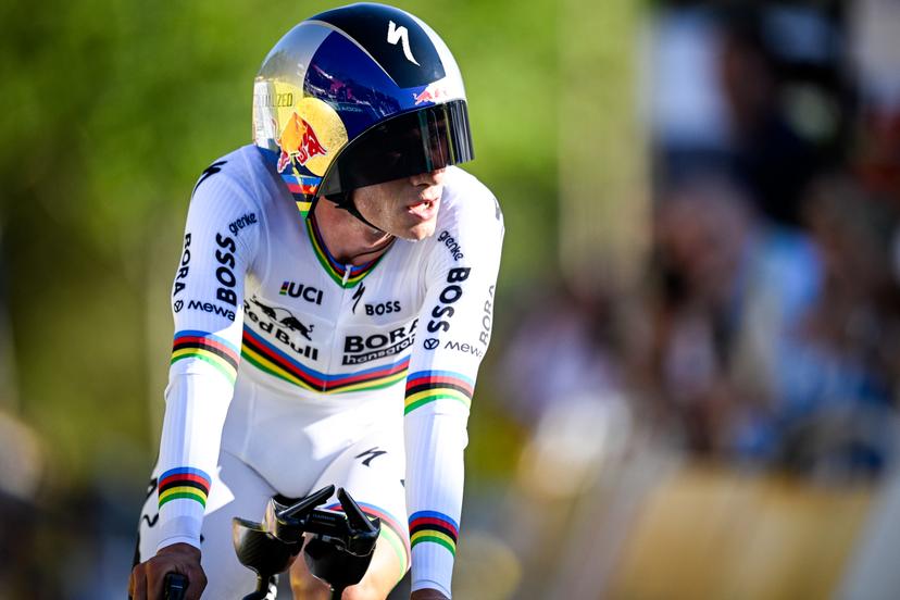 Belgian Remco Evenepoel of Red Bull-BORA-hansgrohe crosses the finish line of the first stage of the 2026 Tour de France cycling race, a team time trial of 19km with start and finish in Barcelona, Spain, Saturday 04 July 2026. The 113th edition of the Tour de France starts on Saturday 4 July in Barcelona, Spain, and will finish in Paris, France on the 26th of July. BELGA PHOTO JASPER JACOBS