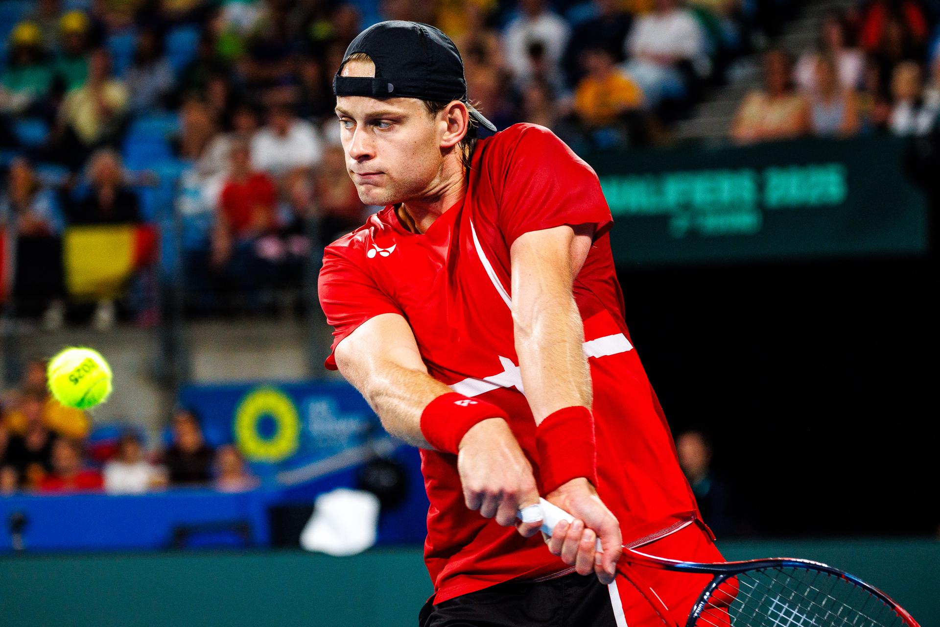 Belgian Zizou Bergs pictured in action duringa a tennis match between Belgian Bergs and Australian De Minaur, during the qualifier of the Davis Cup, Sunday 14 September 2025, in Sydney, Australia. Belgium and Australia will compete this weekend in the second round of the Davis Cup qualifiers. BELGA PHOTO PATRICK HAMILTON
