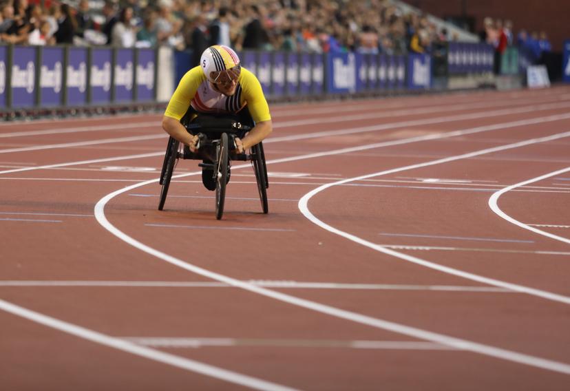 Belgian Maxime Carabin pictured during the men's 400m T52 at the 48th edition of the Memorial Van Damme athletics event in Brussels, Saturday 14 September 2024. The 2024 Allianz Memorial Van Damme Diamond League meeting takes place on 13 and 14 September 2O24. BELGA PHOTO JORGE LUIS ALVAREZ PUPO