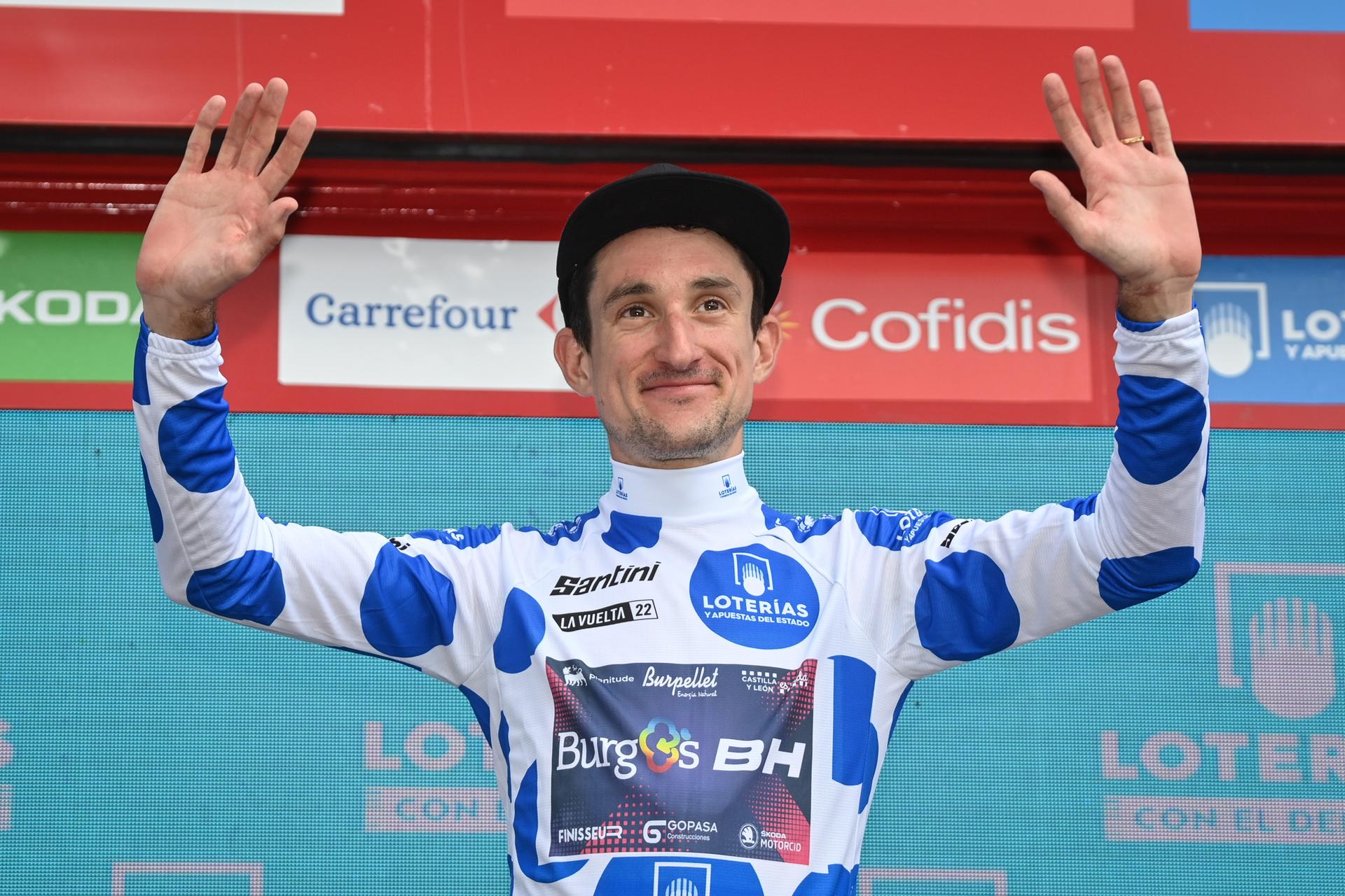 Monegasque Victor Langellotti of Burgos-BH celebrates on the podium in the  polka-dot jersey for best climber after stage 7 of the 2022 edition of the 'Vuelta a Espana', Tour of Spain cycling race, from from Camargo to Cistierna (190 km), Spain, Friday 26 August 2022. BELGA PHOTO DAVID STOCKMAN