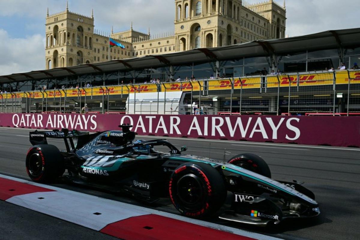Mercedes' British driver George Russell steers his car during the third practice session ahead of the Formula One Azerbaijan Grand Prix at the Baku City Circuit in Baku on September 25, 2026.  Andrej ISAKOVIC / AFP