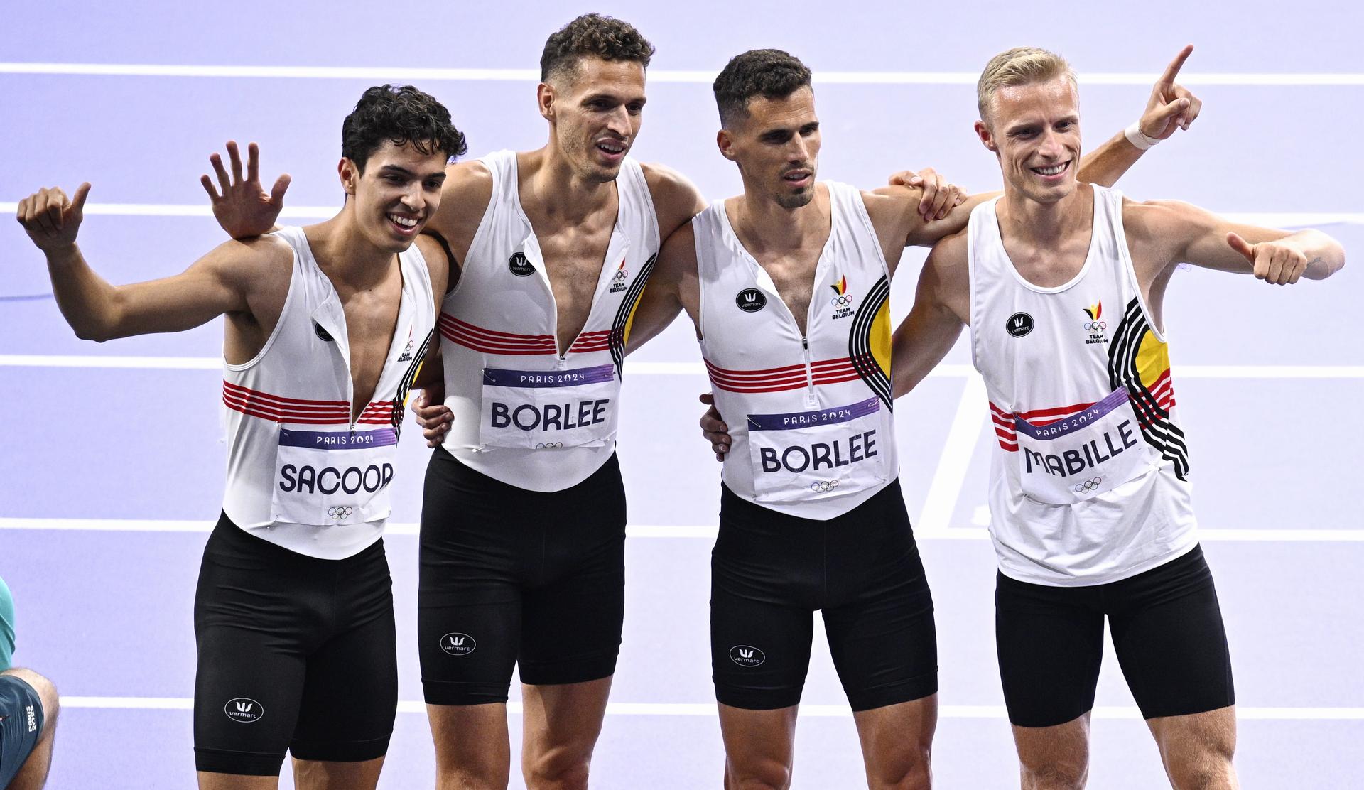 Belgian athlete Jonathan Sacoor, Belgian athlete Dylan Borlee, Belgian athlete Kevin Borlee and Belgian athlete Florent Mabille pictured after the men's 4x400m relay final, at the athletics competition at the Paris 2024 Olympic Games, on Saturday 10 August 2024 in Paris, France. The Games of the XXXIII Olympiad are taking place in Paris from 26 July to 11 August. The Belgian delegation counts 165 athletes competing in 21 sports. BELGA PHOTO JASPER JACOBS