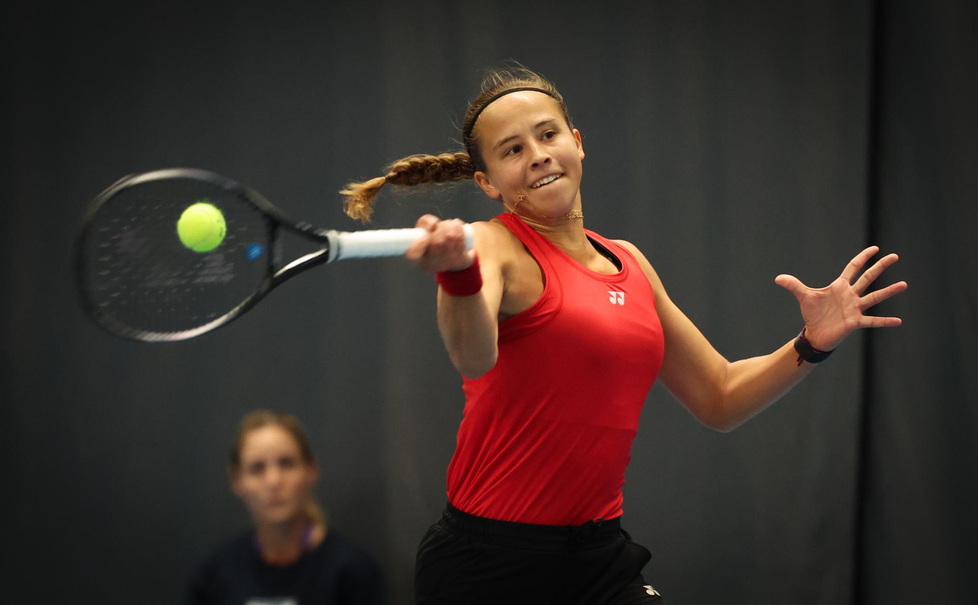 Belgian Hanne Vandewinkel pictured in action during a tennis match against Greek Grammatikopoulou, in the qualifiers of the Billie Jean King Cup tennis, in Vilnius, Lithuania on Tuesday 08 April 2025. PHOTO VIRGINIE LEFOUR