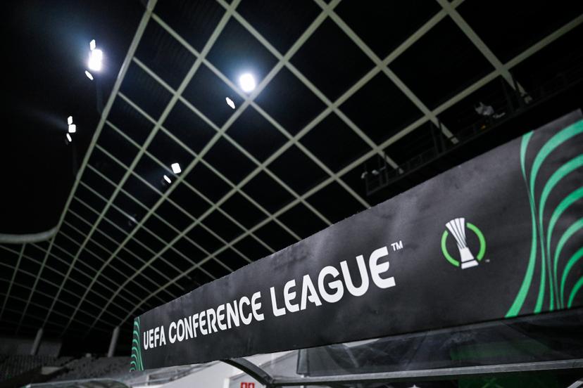 This picture shows a UEFA Conference League banner at an inspection of the pitch in Ljubljana, Slovenia, by Belgian first division team Cercle Brugge KSV on Wednesday 11 December 2024. Tomorrow, Cercle Brugge will play against Slovenian Olimpija Ljubljana on day 5/6 of the group stage of the UEFA Conference League tournament. BELGA PHOTO TOM GOYVAERTS