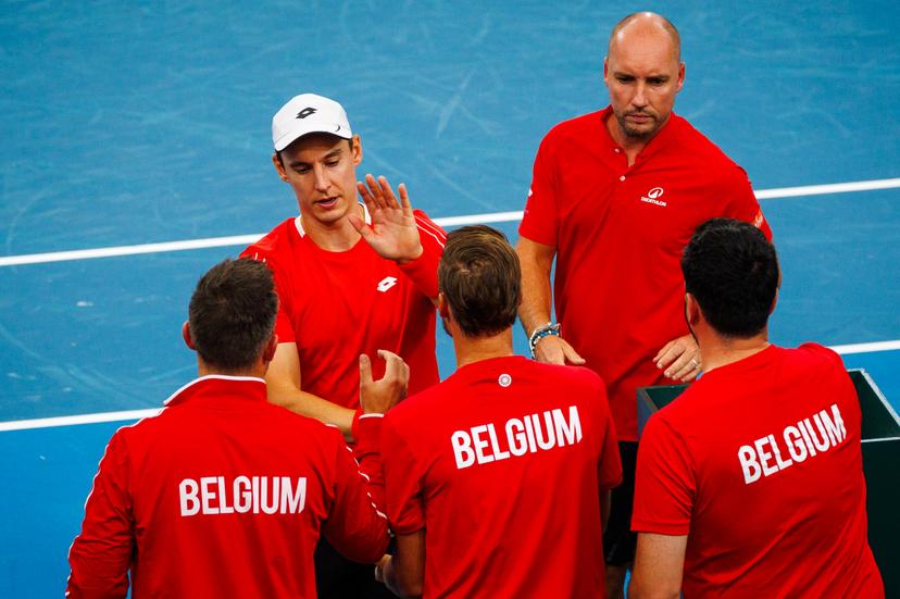 Belgian Joran Vliegen and Belgian captain Steve Darcis pictured duringa a tennis match between Belgian Vliegen/Gille and Australian Hijikata/Thompson, during the qualifier of the Davis Cup, Sunday 14 September 2025, in Sydney, Australia. Belgium and Australia will compete this weekend in the second round of the Davis Cup qualifiers. BELGA PHOTO PATRICK HAMILTON