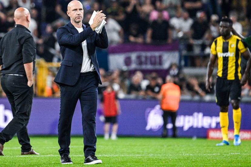 Hammarby's head coach Henrik Rydstrom looks dejected after losing a soccer game between Belgian RSC Anderlecht and Swedish Hammarby IF, Thursday 30 July 2026 in Brussels, the return leg of the second qualifying round for the UEFA Europa League. The first leg ended in a 1-1 draw. BELGA PHOTO TOM GOYVAERTS