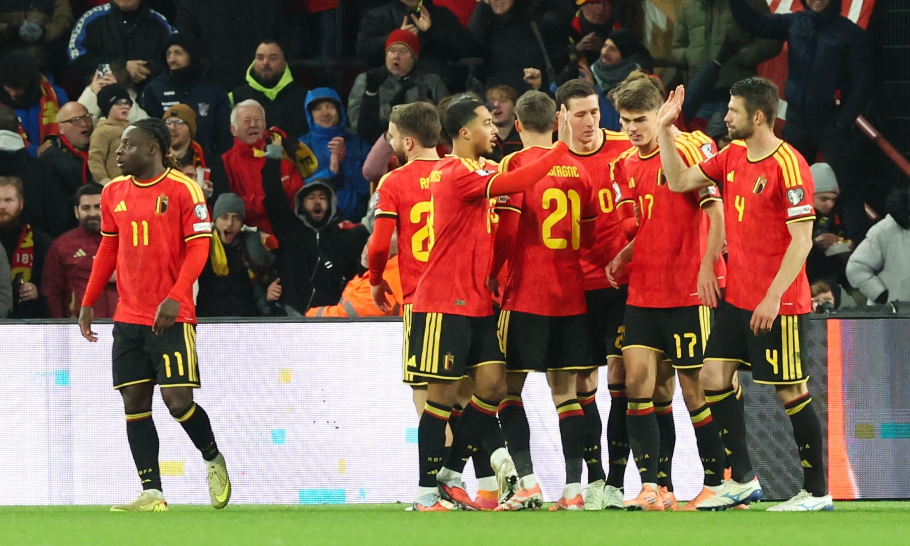 Belgium's Charles De Ketelaere celebrates after scoring during a soccer game between Belgium's Red Devils and Liechtenstein, the last FIFA World Cup 2026 qualification match, in Liege on Tuesday 18 November 2025. BELGA PHOTO VIRGINIE LEFOUR