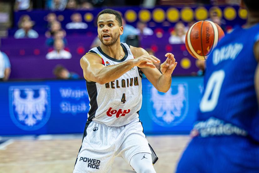 Belgium's Emmanuel Manu Lecomte pictured in action during a basketball match between Belgium's national team Belgian Lions and France, Thursday 28 August 2025 in Katowice, Poland, the first game of the group stage of the Eurobasket 2025 European championships. BELGA PHOTO LUKASZ SKWIOT *** BELGIUM ONLY ***