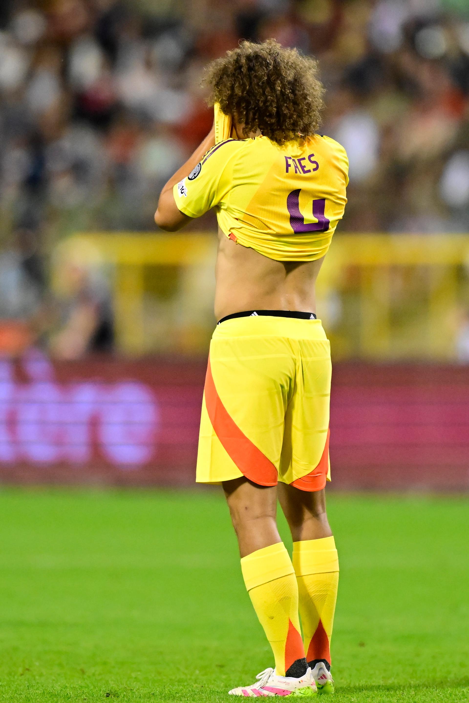 Belgium's Wout Faes reacts during a soccer game between Belgian national team Red Devils and Wales, Monday 09 June 2025 in Bussels, the second (out of 8) qualification games for the World Cup 2026. BELGA PHOTO DIRK WAEM