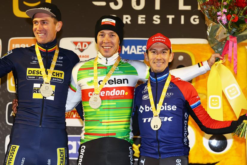 Belgian Toon Aerts, Belgian Laurens Sweeck and Dutch Lars Van Der Haar celebrate on the podium after the men's race of the Superprestige Merksplas cyclocross event, fourth stage (4/8) of the Superprestige cyclocross cycling competition, Saturday 16 November 2024, in Merksplas. BELGA PHOTO DAVID PINTENS