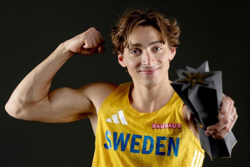 Sweden's Armand Duplantis, winner of the pole vault men competition, poses with his trophy for a photo during a studio photo session on the sidelines of the World Athletics Ultimate Championship at the Gyula Zsivotzky National Athletics Centre in Budapest on September 11, 2026.  Andrej ISAKOVIC / AFP