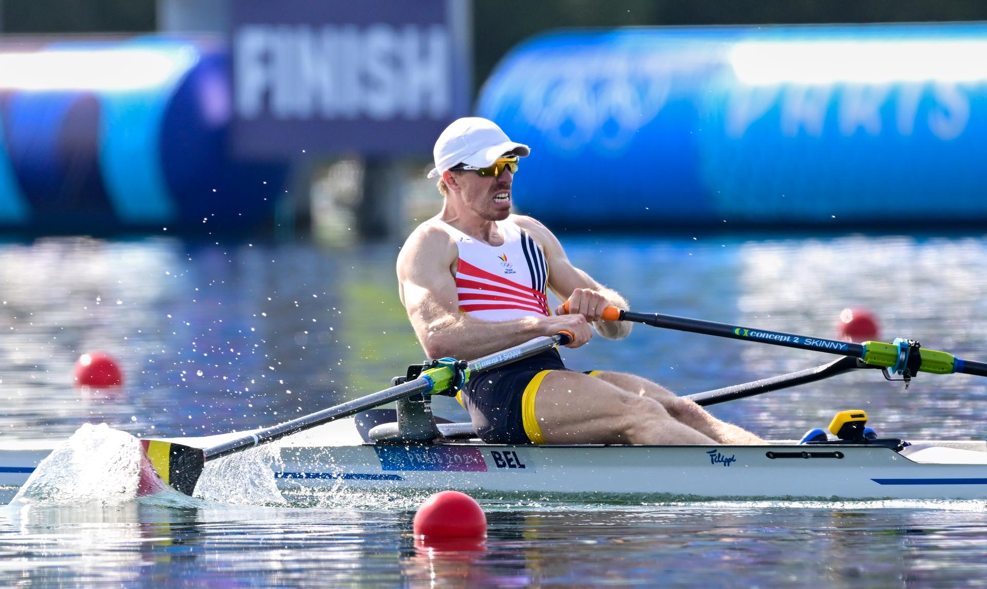 Belgian Tim Brys pictured in action during the quarterfinals of the men's single sculls rowing event at the Paris 2024 Olympic Games, on Tuesday 30 July 2024 in Paris, France. The Games of the XXXIII Olympiad are taking place in Paris from 26 July to 11 August. The Belgian delegation counts 165 athletes competing in 21 sports. BELGA PHOTO DIRK WAEM