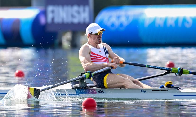 Belgian Tim Brys pictured in action during the quarterfinals of the men's single sculls rowing event at the Paris 2024 Olympic Games, on Tuesday 30 July 2024 in Paris, France. The Games of the XXXIII Olympiad are taking place in Paris from 26 July to 11 August. The Belgian delegation counts 165 athletes competing in 21 sports. BELGA PHOTO DIRK WAEM