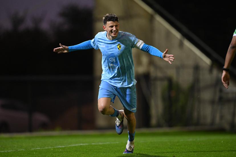Lierse's Jenthe Mertens celebrates after scoring during a soccer game between Olympic Charleroi and Lierse SK, Saturday 11 April 2026 in Charleroi, on day 33 (out of 34) of the 2025-2026 'Challenger Pro League' 1B second division of the Belgian championship. BELGA PHOTO JOHN THYS