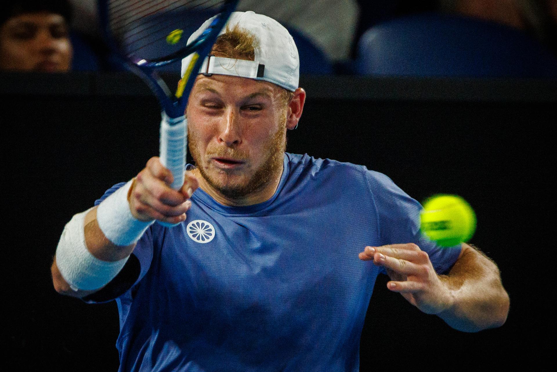 Belgian Gauthier Onclin pictured in action during a men's singles first round game between Belgian Onclin and American Opelka, at the 'Australian Open' Grand Slam tennis tournament, Sunday 12 January 2025 in Melbourne Park, Melbourne, Australia. The 2025 edition of the Australian Grand Slam takes place from January 12th to January 26th. BELGA PHOTO PATRICK HAMILTON