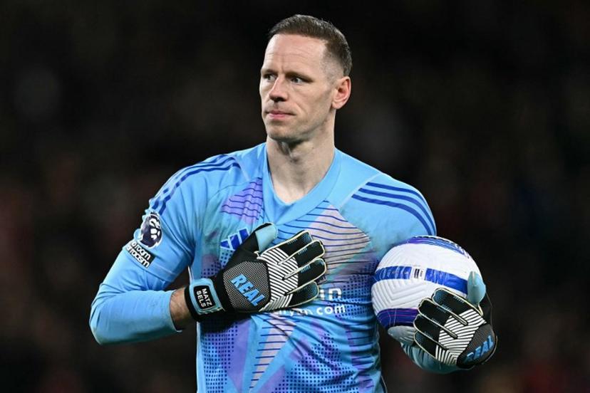 Nottingham Forest's Belgian goalkeeper #26 Matz Sels reacts during the English Premier League football match between Nottingham Forest and Manchester United at The City Ground in Nottingham, central England, on April 1, 2025.  Paul ELLIS / AFP