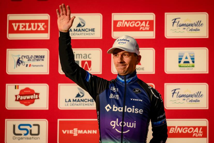 Dutch Lars Van Der Haar pictured on the podium after the men's race at the Cyclocross World Cup cyclocross event in Flamanville, France, Sunday 30 November 2025, the 2nd stage (out of 12) in the World Cup of the 2025-2026 season. BELGA PHOTO DAVID PINTENS