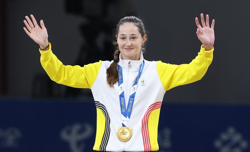 Belgian Fran Vanhoutte  celebrates on the podium of the Women's Sprint 500m +D speed skating event, at the World Games 2025, in Chenghdu, China, on Thursday 14 August 2025. This year, the World Games take place from 7 to 17 August. BELGA PHOTO VIRGINIE LEFOUR