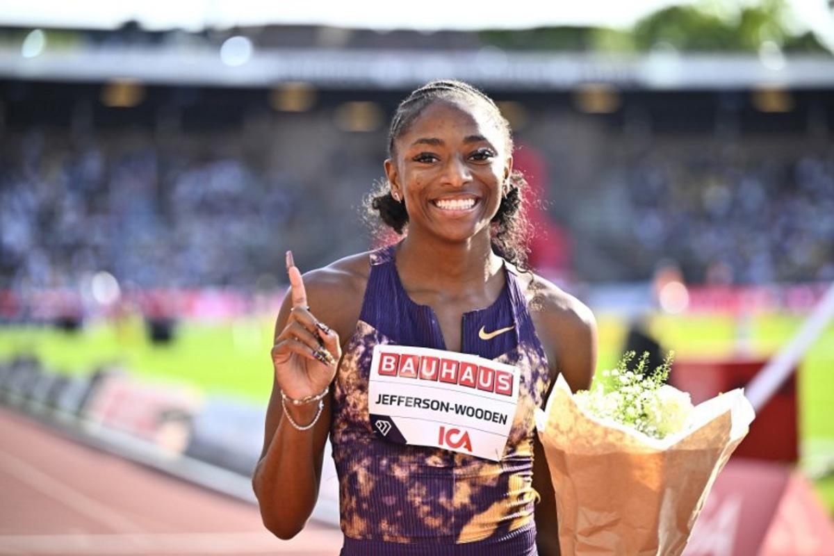 USA's Melissa Jefferson-Wooden celebrates winning the Women's 100m event of the IAAF Stockholm Diamond League athletics meeting in Stockholm, Sweden, on June 7, 2026.  Christine OLSSON / TT NEWS AGENCY / AFP