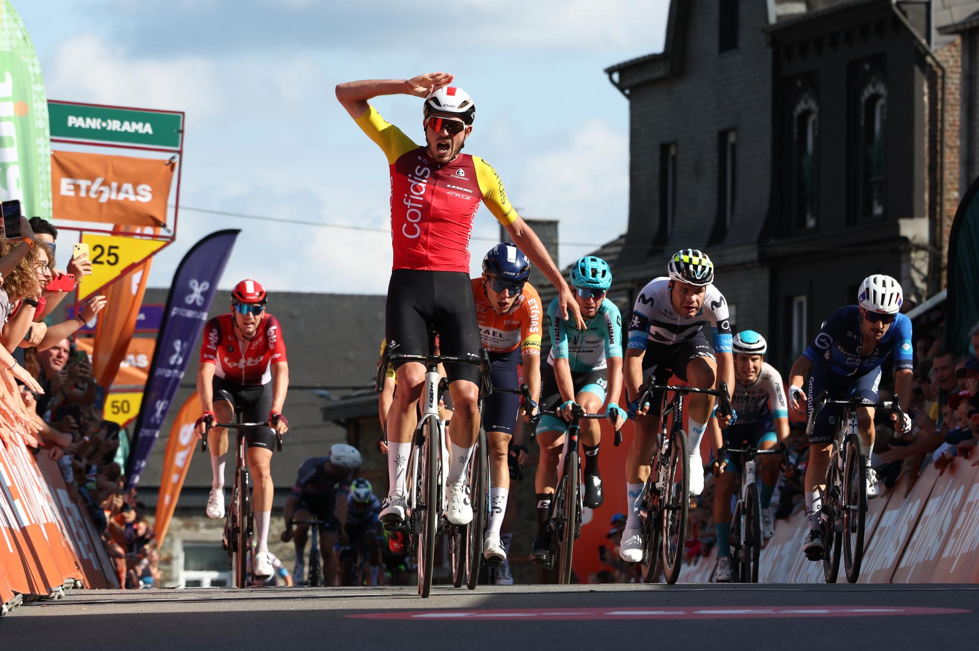 French Clement Izquierdo of Cofidis and pictured crossing the finish line and winning the fifth and final stage of the Tour De Wallonie cycling race, from and back of Bertrix (183,3 km), on Wednesday 30 July 2025. BELGA PHOTO BRUNO FAHY