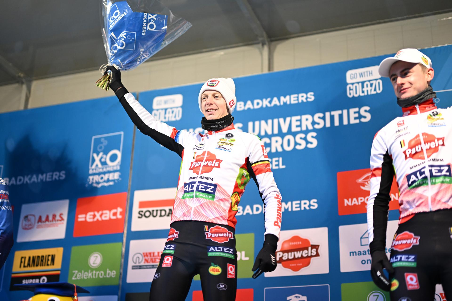 Belgian Michael Vanthourenhout and Belgian Gerben Kuypers pictured on the podium after the men elite race of the 'Brussels Universities' cyclocross cycling event, stage 8/8 in the 'X20 Badkamers Trofee' competition, Sunday 15 February 2026 in Brussels, Belgium. BELGA PHOTO MAARTEN STRAETEMANS