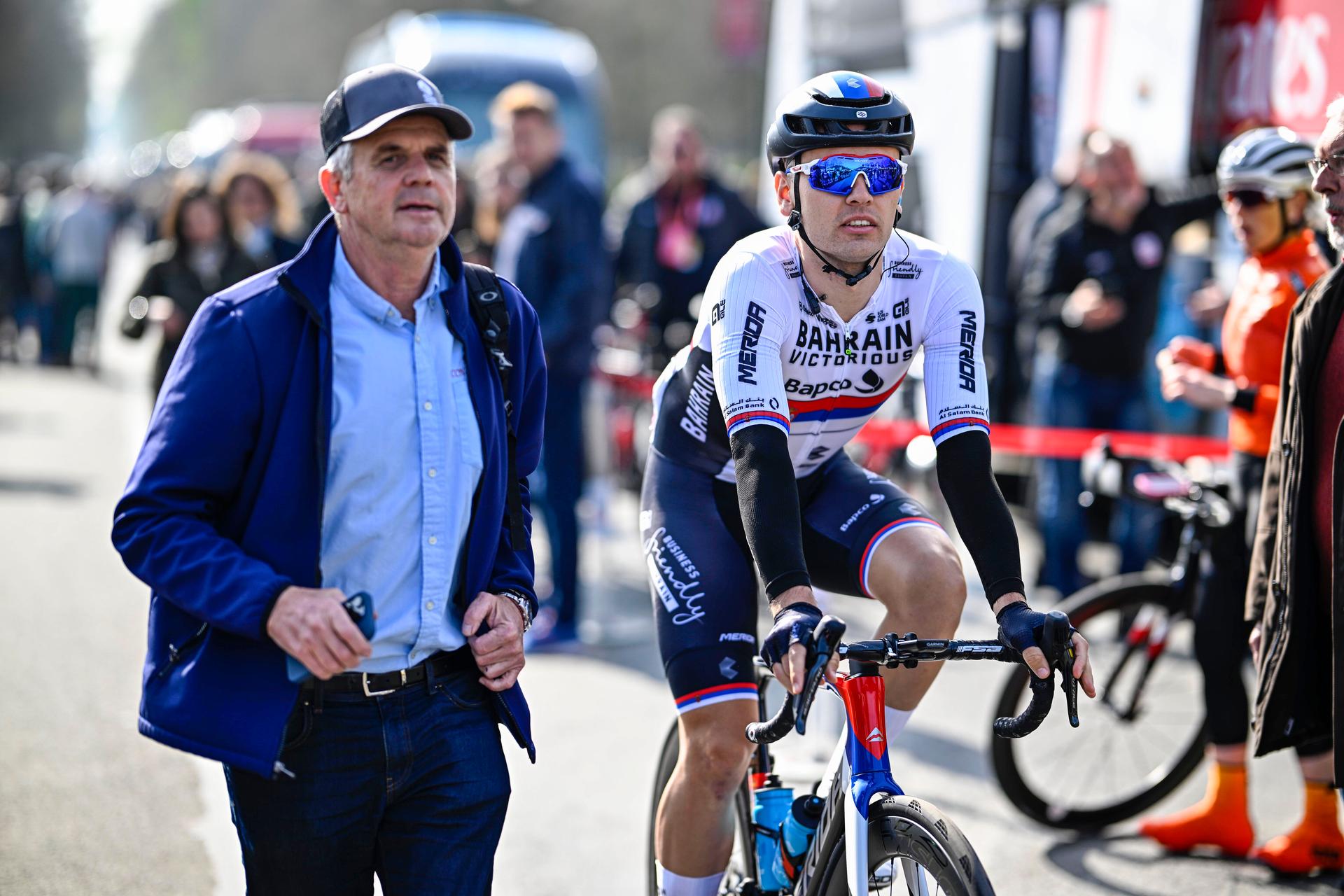 Serbian Dusan Rajovic of Bahrain Victorious pictured at the start of the men's elite race of the 'Paris-Roubaix' cycling event, 256,6km from Compiegne to Roubaix, France on Sunday 09 April 2023. BELGA PHOTO JASPER JACOBS
