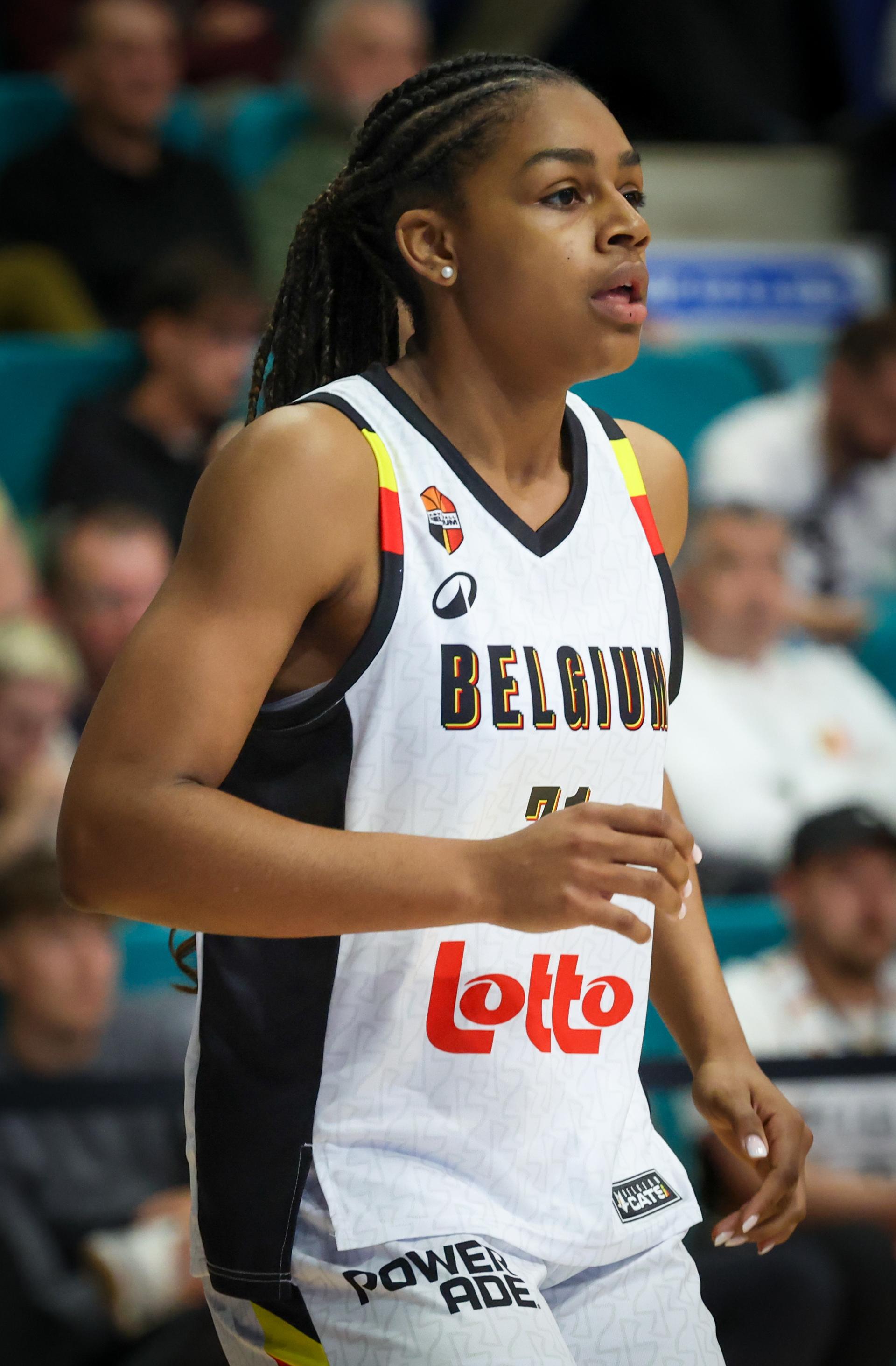 Belgium's Alicia Courthiau pictured in action during a friendly basket game between Belgium's national team Belgian Cats and Italy, in Jemappes, on Friday 23 May 2025. BELGA PHOTO VIRGINIE LEFOUR
