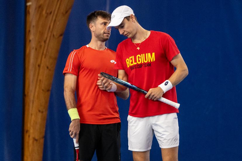 Belgian Sander Gille and Belgian Joran Vliegen pictured during an open training session of the Belgian Davis Cup team ahead of the Davis Cup Finals (November 18-23), in Wilrijk, on Wednesday 12 November 2025. BELGA PHOTO ZENO DRUYTS