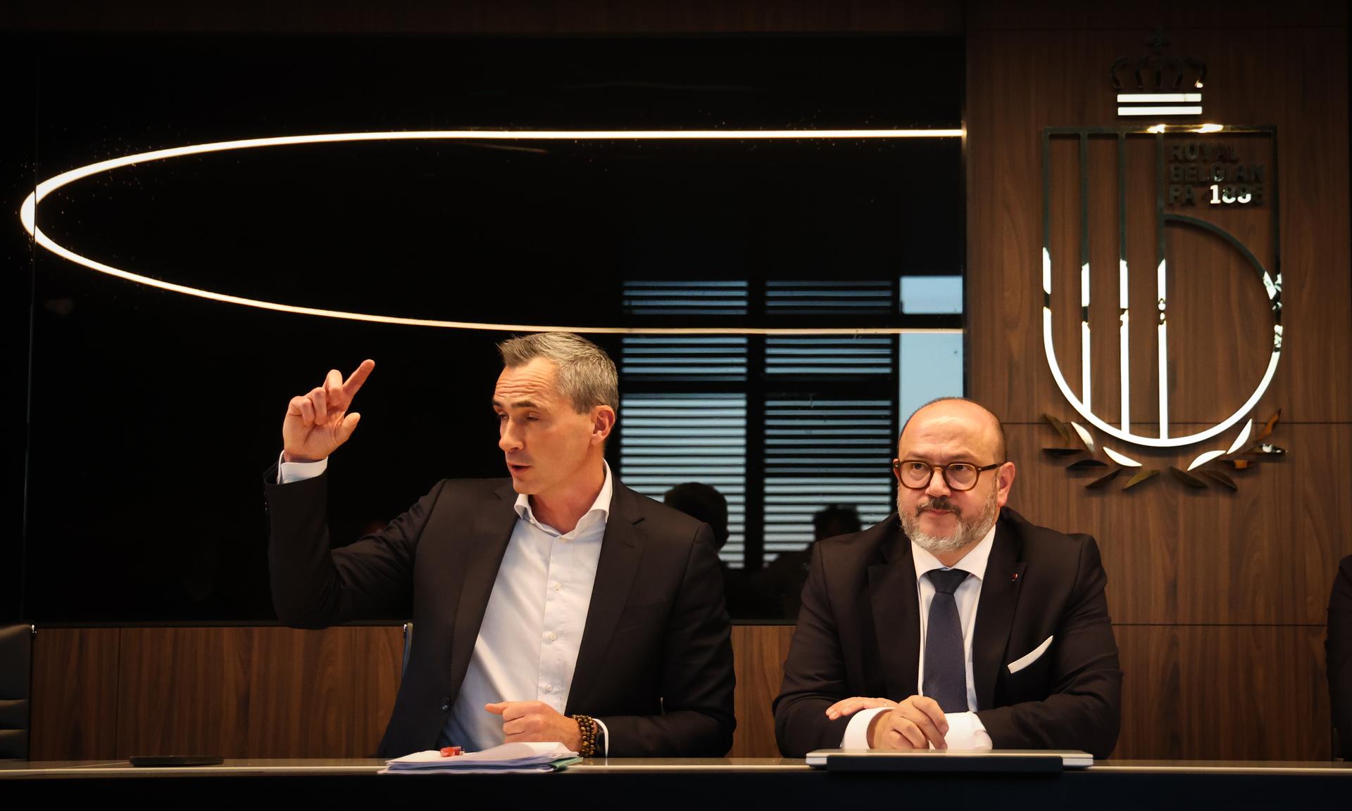 Pro League CEO Lorin Parys and Minister of Interior Bernard Quintin pictured during a press conference after a round table on safety in football, organised by the Pro League and the Royal Belgian Football Association (RBFA), Friday 07 November 2025 in Tubize. BELGA PHOTO VIRGINIE LEFOUR