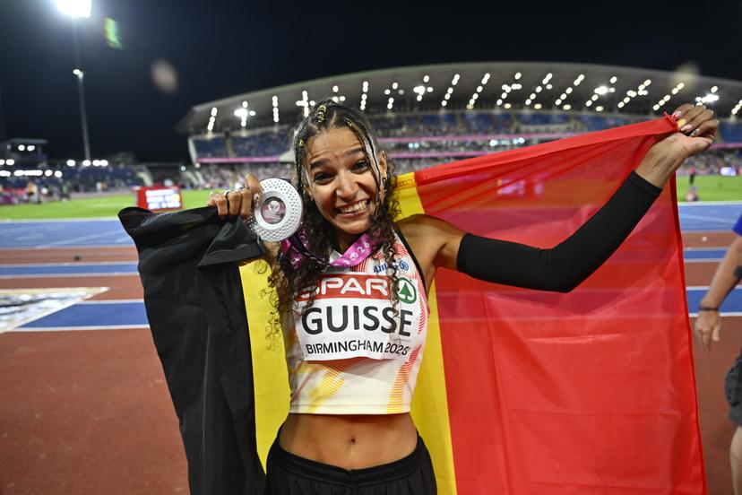 Belgian Saliyya Guisse reacts after winning the silver medal in the women's triple jump event  on the fourth day of the European Athletics Championships (August 10-18) in Birmingham, United Kingdom, on Thursday 13 August 2026. BELGA PHOTO ERIC LALMAND