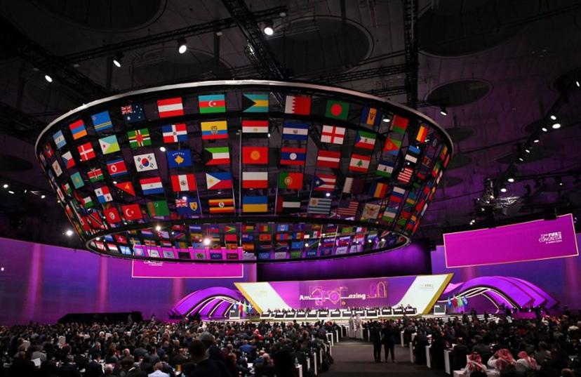 A picture shows a general view of the 72nd FIFA Congress in the Qatari capital Doha on March 31, 2022. The countdown towards the most controversial World Cup in history really begins on Friday as the draw for Qatar 2022 takes place in Doha, less than eight months before the start of the tournament itself. FRANCK FIFE / AFP
